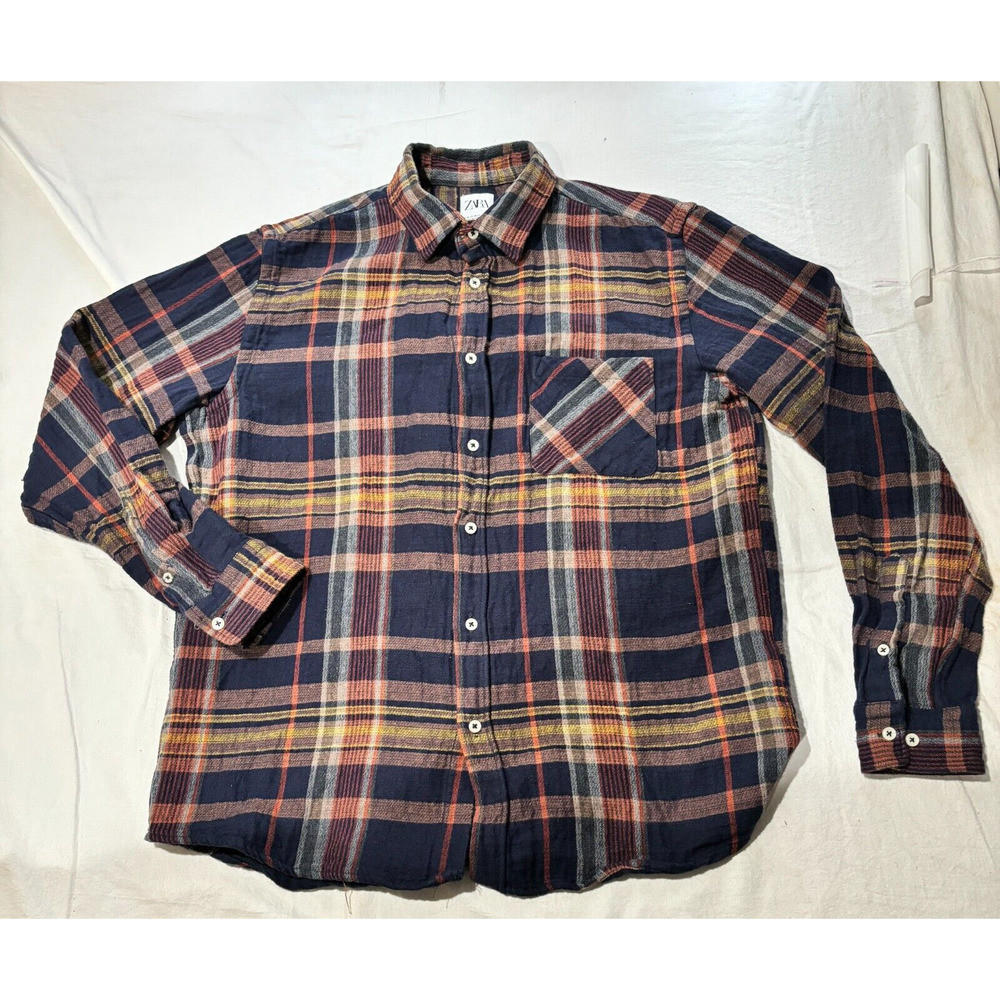 Zara Plaid Heavyweight Button Up Flannel Shirt Men's M Brown Blue